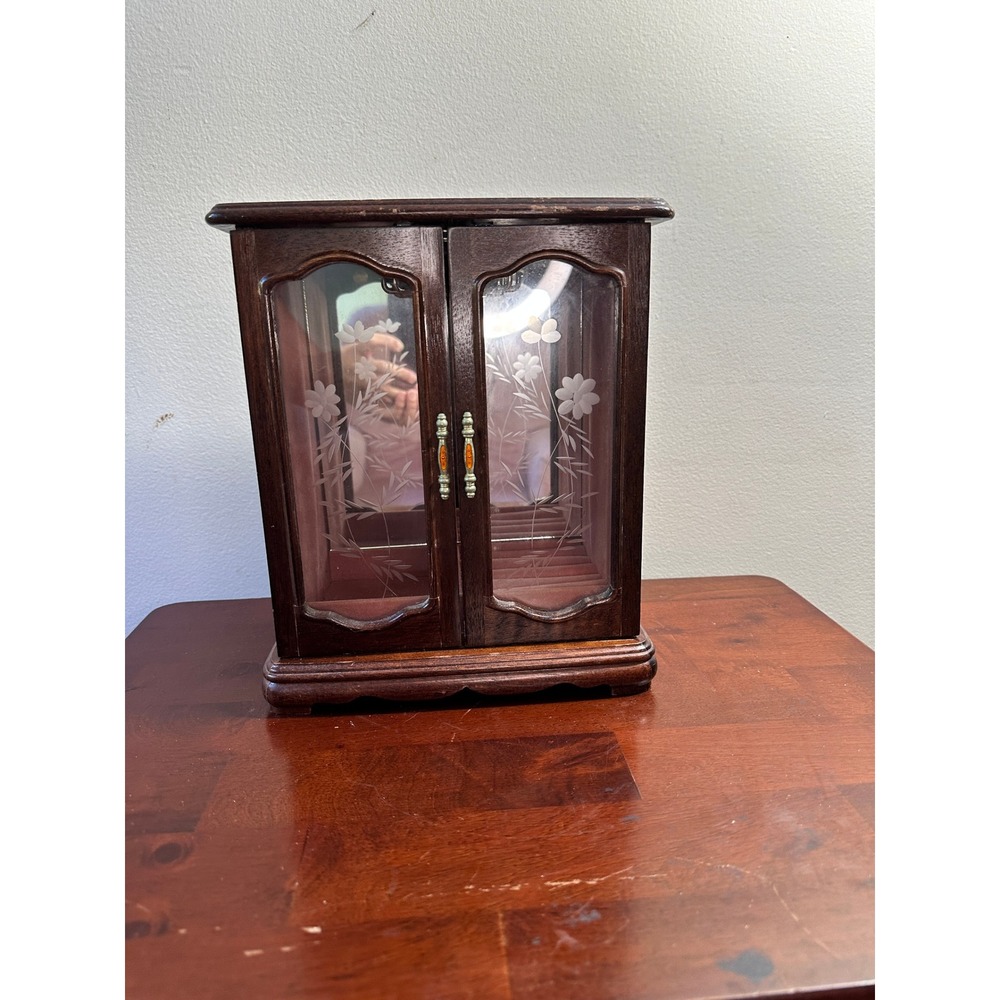 Vintage Wood Jewelry Armoire Etched Glass Floral Doors Mirror Red Velvet Lining